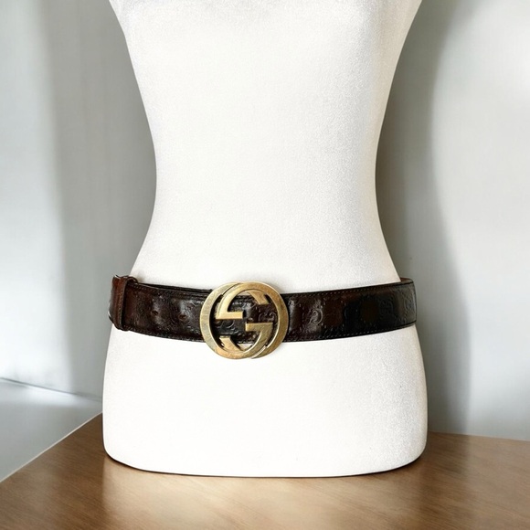 Authentic GUCCI Brown & Gold GG Embossed Monogram Leather Belt Size 85/34 - Picture 1 of 15